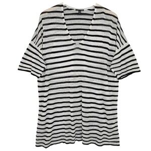 Eileen Fisher Shirt Womens L Striped Organic Linen V Neck Pullover Light Knit